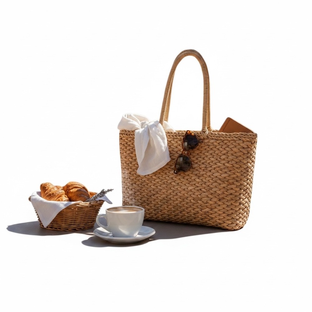 Handwoven Straw Tote Bag Natural Tan Woven Basket Beach Shoulder Bag Boho